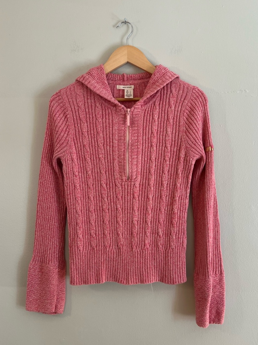 Y2K DKNY Pink Cable-Knit Half-Zip Hoodie Sweater Preppy Soft Girly Cozy